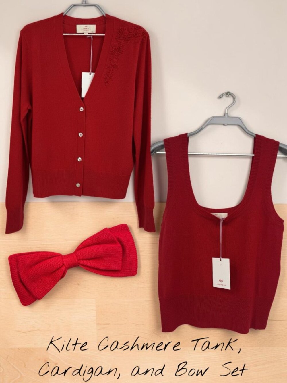 Kilte Collection Cashmere Bijou Tank, Cardigan Sweater, Bow Matching Set 3-L/XL